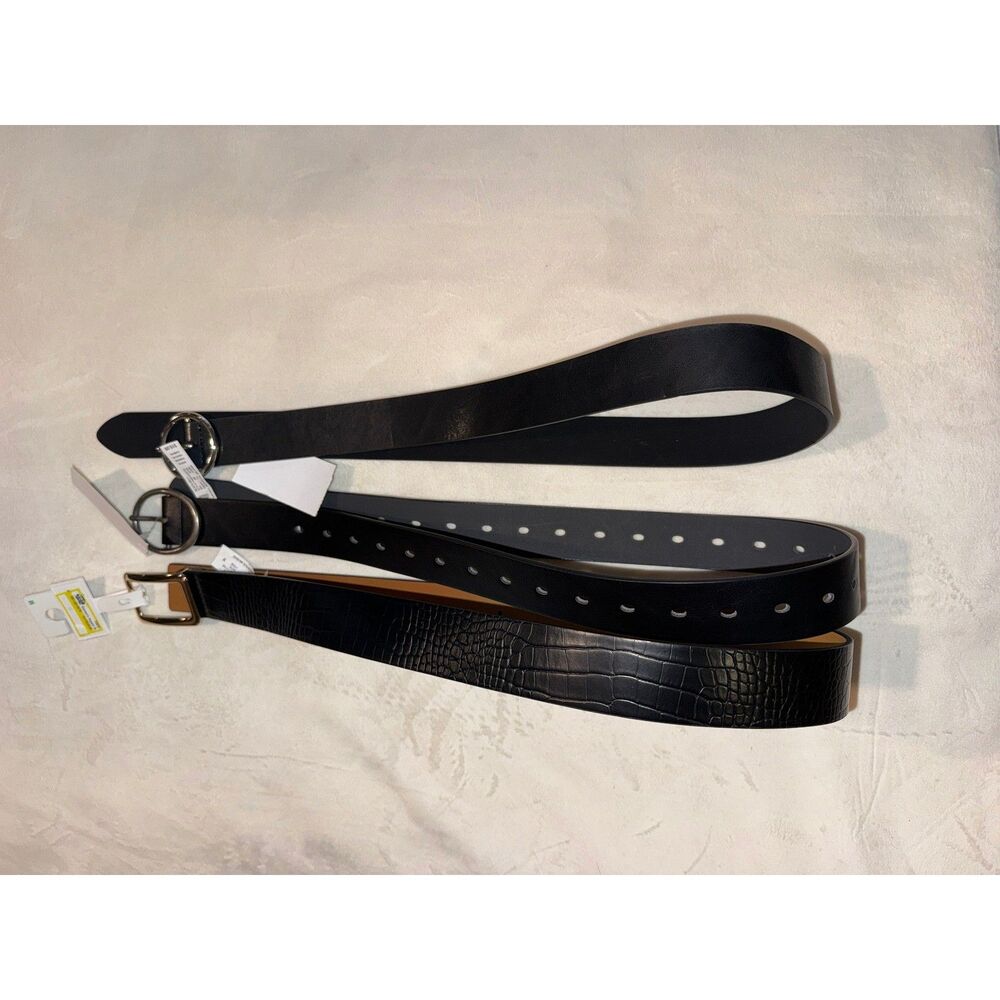 Lot of 3 New Womens Black Belts Smooth Silver Gold Buckles Size M (283)